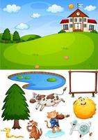 School scene with isolated cartoon character and objects vector