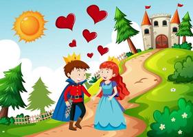 Prince and princess with the castle in nature scene vector