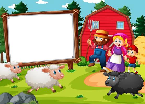 Blank banner in farm scene with happy family and many sheeps