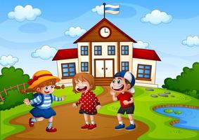 Three children in nature scene with school building vector