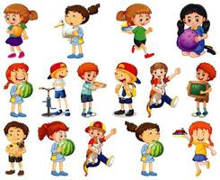 Los niños que realizan diferentes actividades conjunto de personajes de dibujos animados sobre fondo blanco. vector