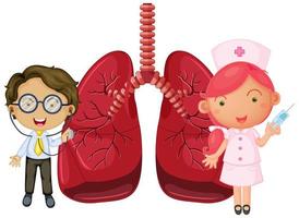 Lungs with a doctor and a nurse cartoon character vector