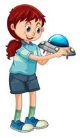 A girl holding ufo toy cartoon character isolated on white background vector