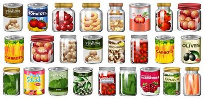 Set of different canned food and food in jars isolated vector