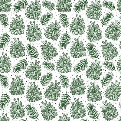 Cone with spruce branch pine tree element seamless pattern background texture. Christmas forest plant.