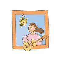 woman playing guitar in apartment window for quarantine free form style vector