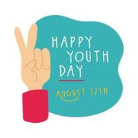 Feliz día de la juventud letras con estilo plano de símbolo de amor y paz de mano vector