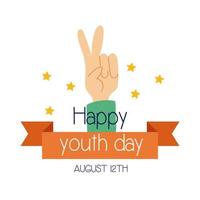 happy youth day lettering with hand peace and love symbol flat style vector