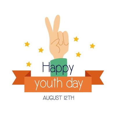 happy youth day lettering with hand peace and love symbol flat style