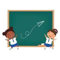 cute little girl students with chalkboard vector