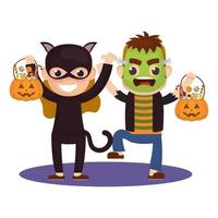 little kids in Halloween costumes vector