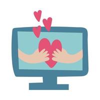 desktop with hands lifting hearts flat style icon