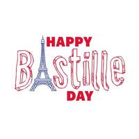 bastille day lettering with eiffel tower hand draw style vector