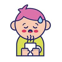 man with fever sick drinking tea kawaii line style vector