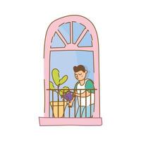 man care houseplant in apartment window for quarantine free form style vector