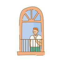 Hombre bebiendo café en la ventana del apartamento para el estilo de forma libre de cuarentena vector