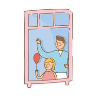 padre e hija con globo en la ventana del apartamento para estilo de forma libre de cuarentena vector