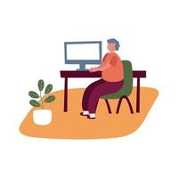Anciano que usa el escritorio en el estilo de forma libre de actividad doméstica vector