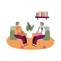 elderly couple embroidering crochet in home activity free form style vector