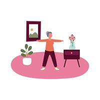 elderly woman practicing exercise in home activity free form style vector