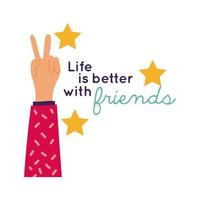 happy friendship day celebration with hand up and stars pastel hand draw style vector