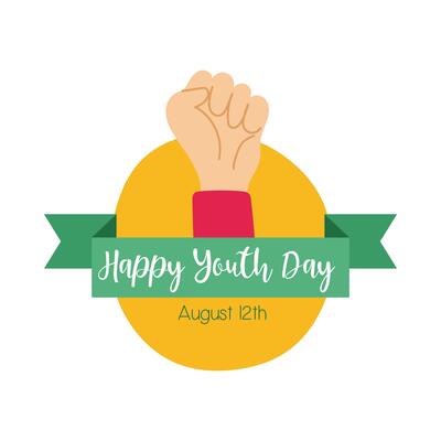 happy youth day lettering with hand fist symbol flat style