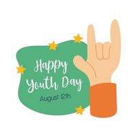 happy youth day lettering with hand rock and roll symbol flat style vector