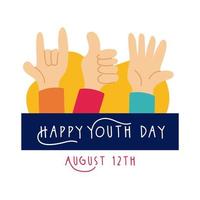 happy youth day lettering with hands symbols flat style