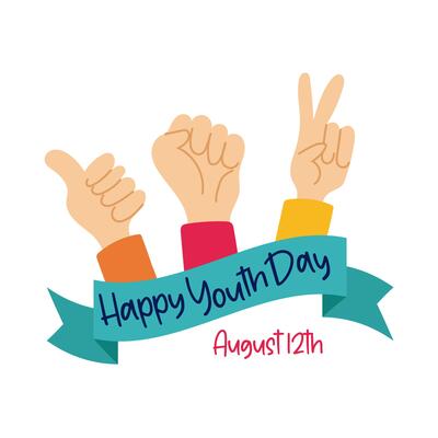 happy youth day lettering with hands symbols flat style