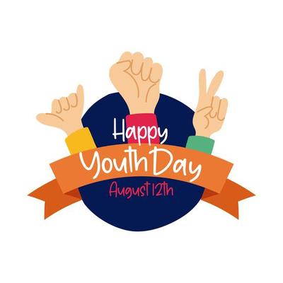 happy youth day lettering with hands symbols flat style