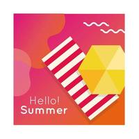 hola verano colorido banner con toalla de playa y sombrilla