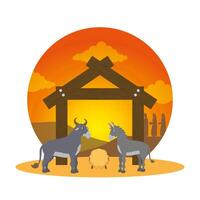 mule and ox in stable manger characters vector