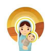 cute virgin mary with jesus baby manger characters vector