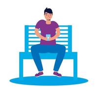 young man using smartphone in park chair vector