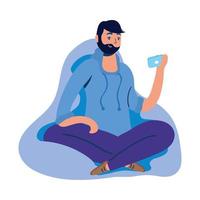 young man using smartphone seated in sofa vector