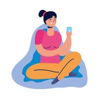 young woman using smartphone seated in sofa vector
