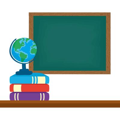 school chalkboard with books and world map