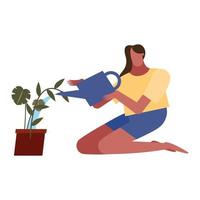 mujer con plantas y regadera diseño vectorial vector