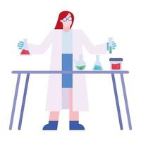 Mujer química con frascos y tubo en el diseño vectorial de escritorio vector