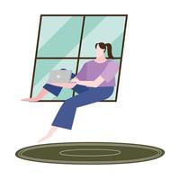 woman with laptop on home window vector design