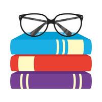 pile of textbooks with eyeglasses icons vector