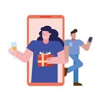 Pareja joven celebrando con regalo y vino en smartphone vector