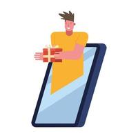 joven con regalo en smartphone vector