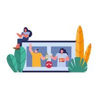 young people celebrating with gifts and wine in tablet vector