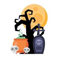 árbol oscuro con caldero y cementerio iconos de halloween vector