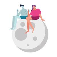 young couple using smartphone with insomnia on the moon vector