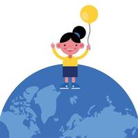 cute little girl with balloon on earth planet vector