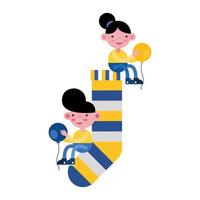 little kids in sock with colored stripes and balloon vector