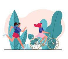 young women running and biking vector