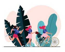 mujeres jóvenes corriendo y en bicicleta vector